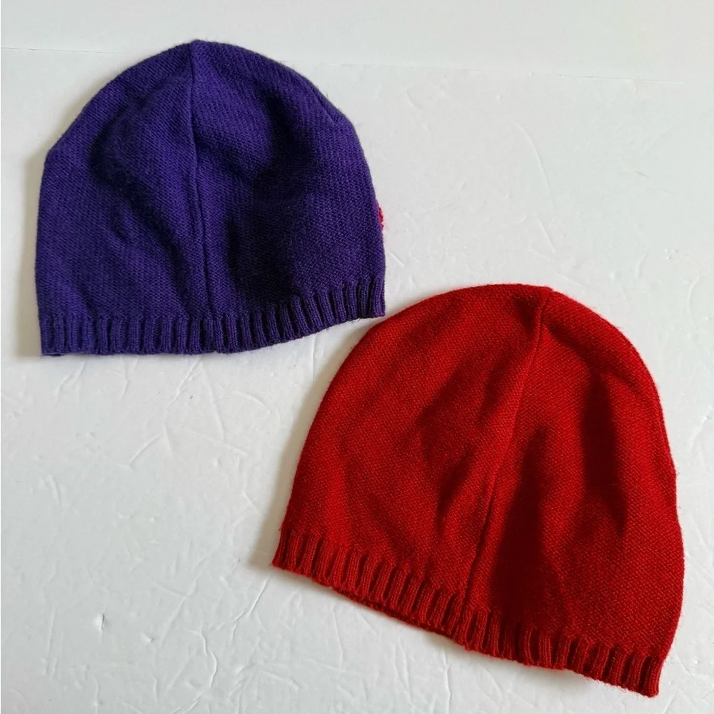 Kid's Little Girls Purple and Red Knit Beanie Hat Set with Flower Accent OS